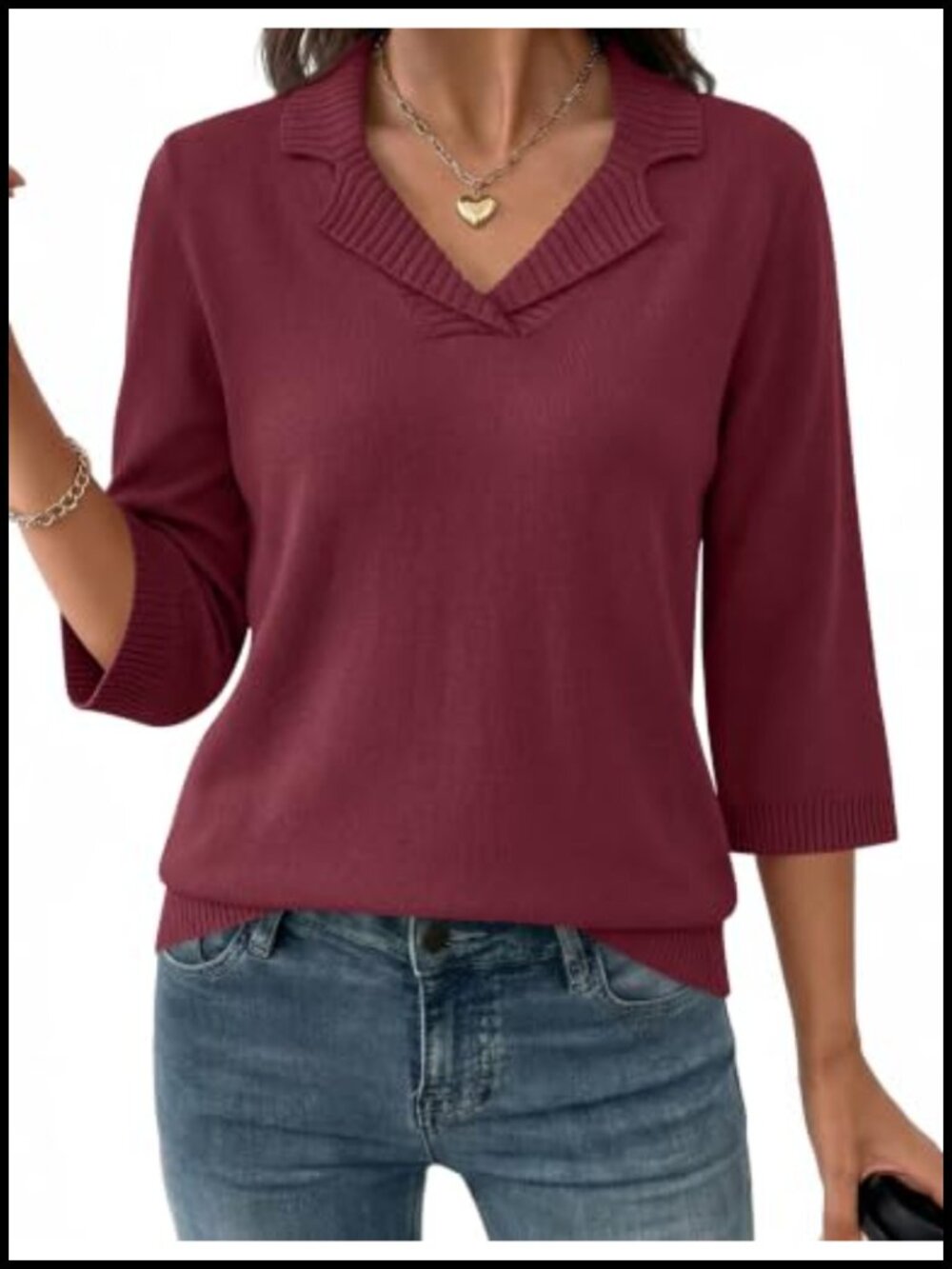 Viscose Blend 3/4 Sleeve V-Neck Sweater Pullover Classic Fit